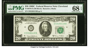 image for: Fr. 2070-D $20 1969C Federal Reserve Note. PMG Superb Gem Unc 68 EPQ....
