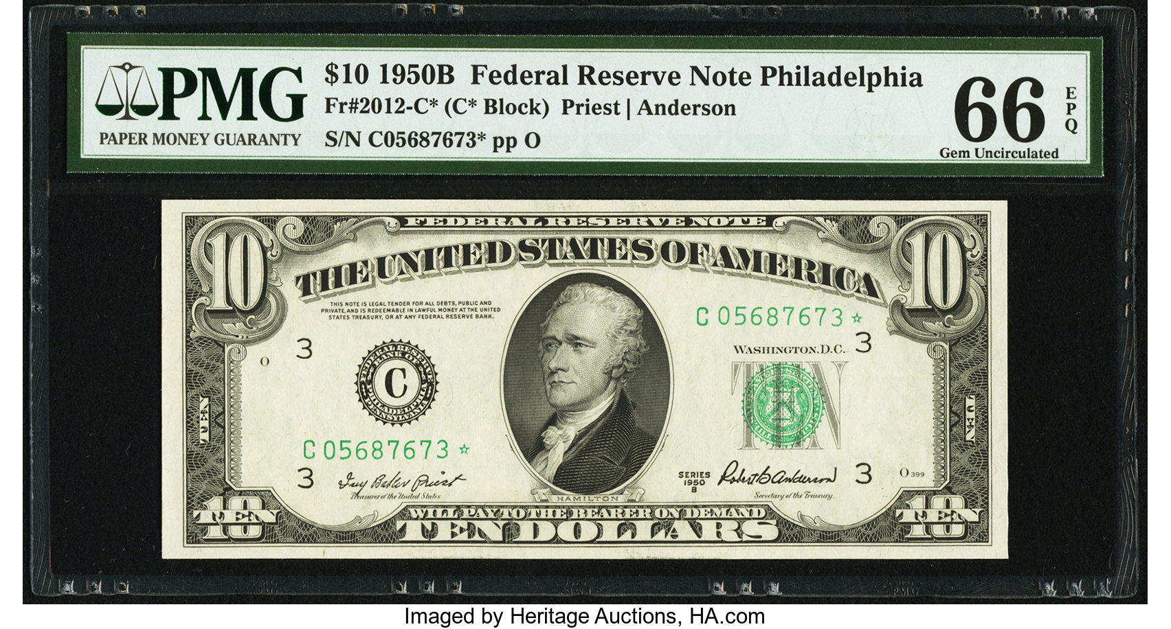 image for: Fr. 2012-C* $10 1950B Federal Reserve Star Note. PMG Gem Uncirculated 66 EPQ....