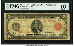 image for: Fr. 834b $5 1914 Red Seal Federal Reserve Note PMG Very Good 10....