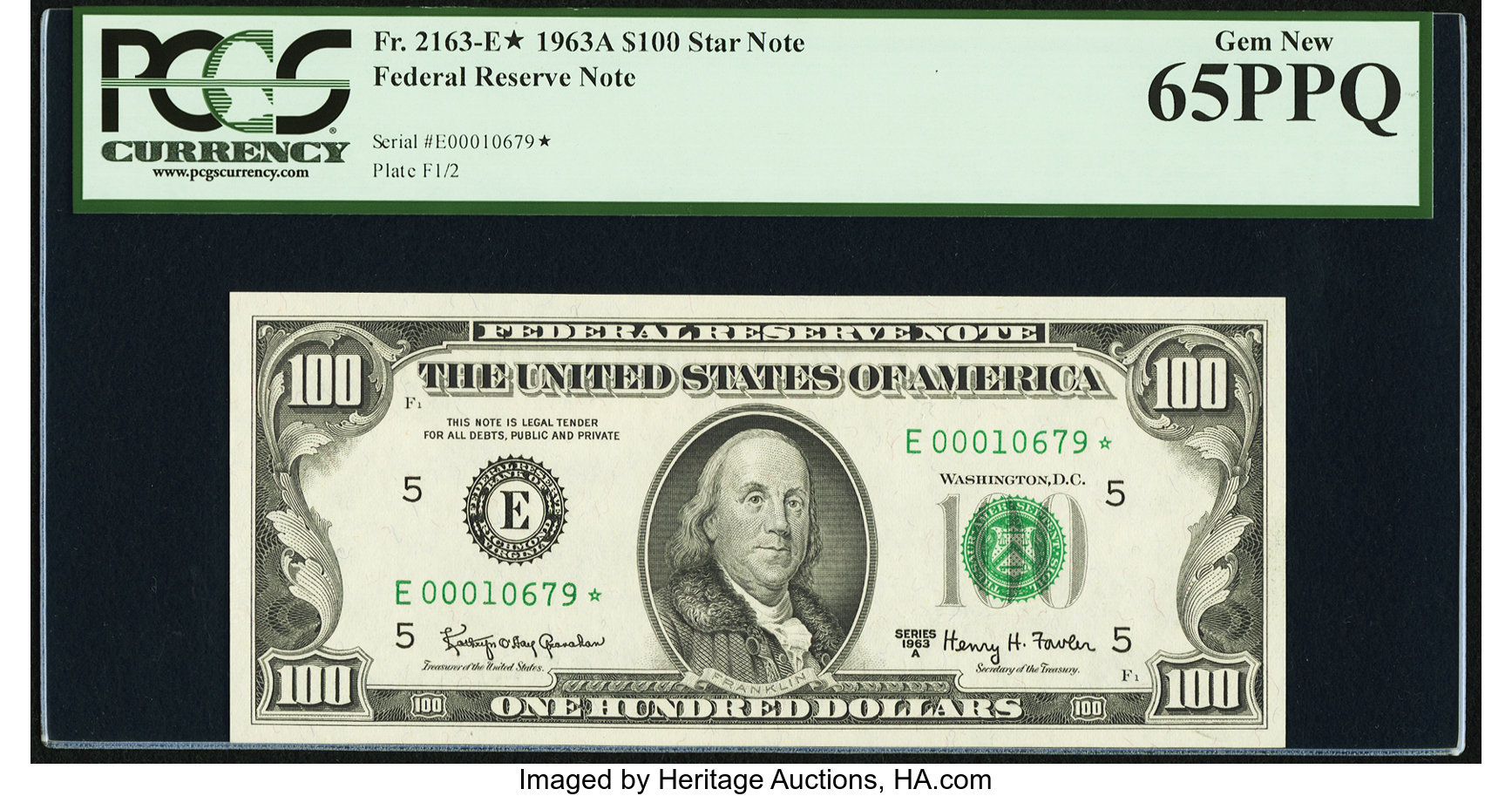 image for: Fr. 2163-E* $100 1963A Federal Reserve Star Note. PCGS Gem New 65PPQ....