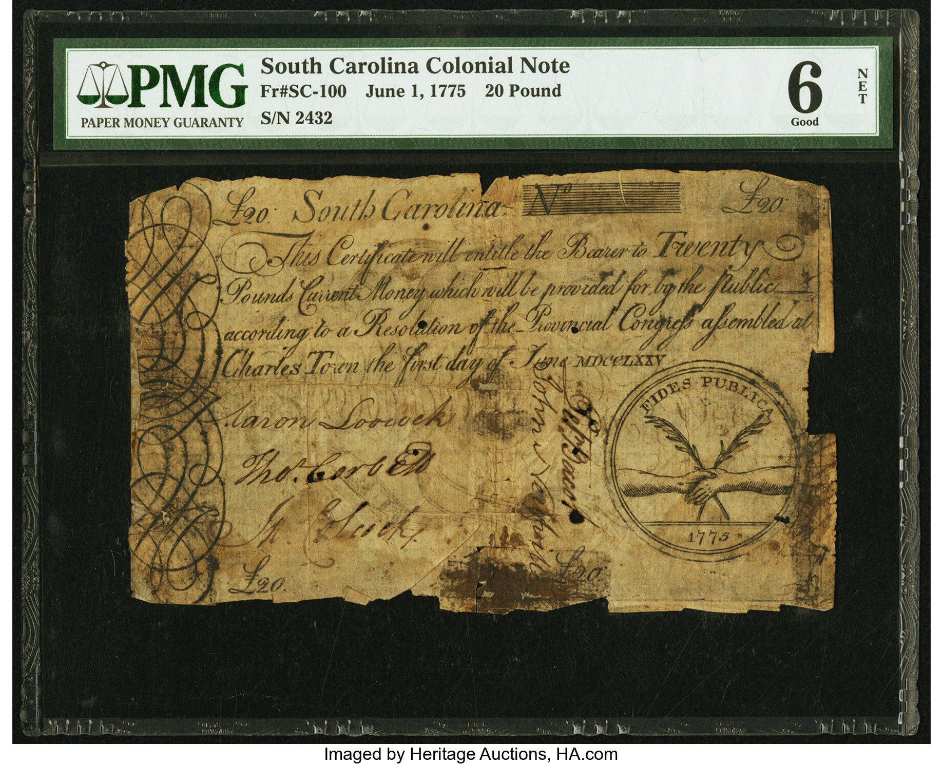 image for: South Carolina June 1, 1775 £20 PMG Good 6 Net....