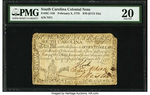 image for: South Carolina February 8, 1779 $70 PMG Very Fine 20....