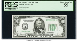 image for: Fr. 2105-A $50 1934C Mule Federal Reserve Note. PCGS Choice About New 55....