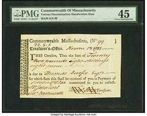 image for: Massachusetts Treasury Tax Collector's Certificate £22.8s.8d November 13, 1782 Anderson MA-38 PMG Choice Extremely Fine 45....