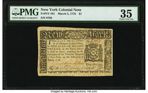 image for: New York March 5, 1776 $1 PMG Choice Very Fine 35....
