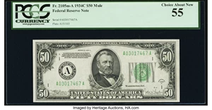 image for: Fr. 2105-A $50 1934C Federal Reserve Note. PCGS Choice About New 55....