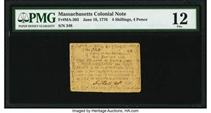 image for: Massachusetts June 18, 1776 4s 4d PMG Fine 12....