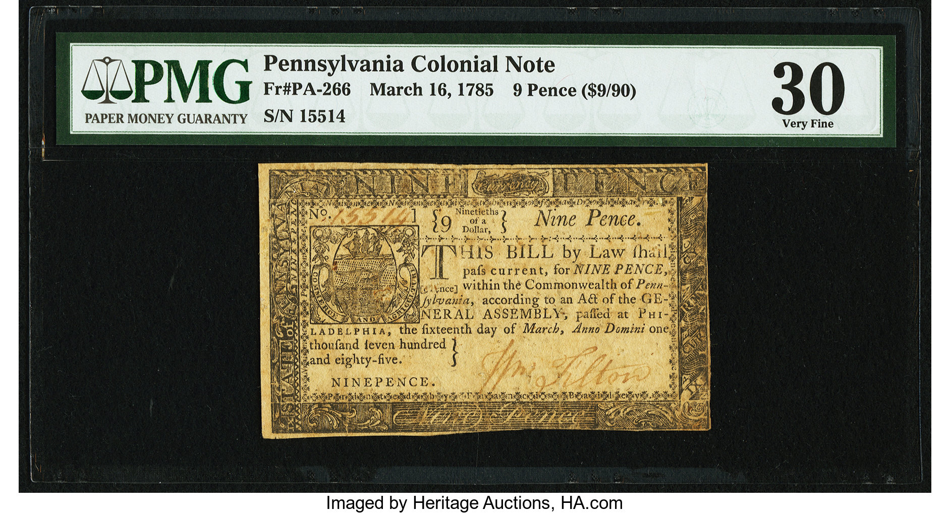 image for: Pennsylvania March 16, 1785 9d PMG Very Fine 30....