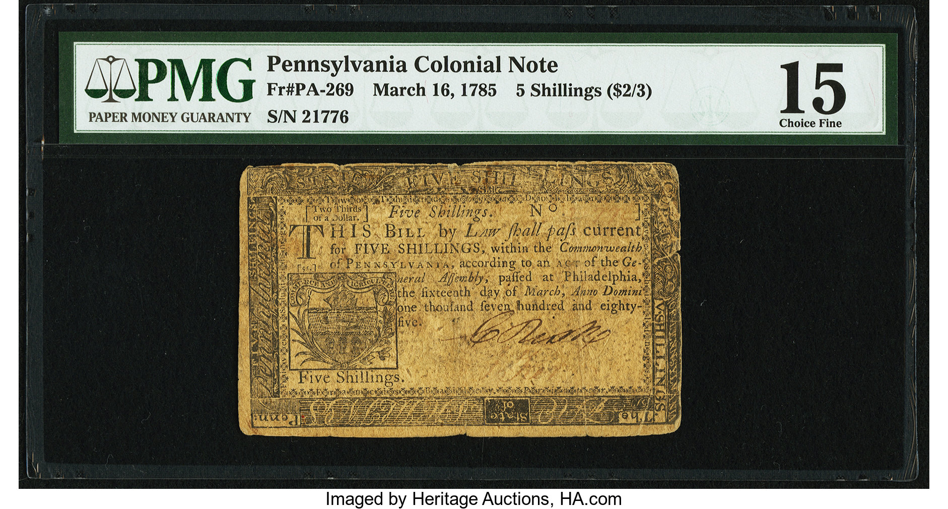 image for: Pennsylvania March 16, 1785 5s PMG Choice Fine 15....