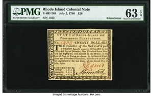 image for: Rhode Island July 2, 1780 $20 Remainder PMG Choice Uncirculated 63 EPQ....
