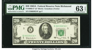 image for: Fr. 2066-E* $20 1963A Federal Reserve Star Note. PMG Choice Uncirculated 63 EPQ....