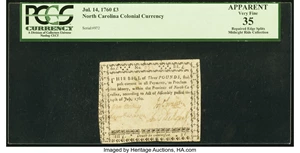 image for: North Carolina July 14, 1760 £3 PCGS Apparent Very Fine 35....