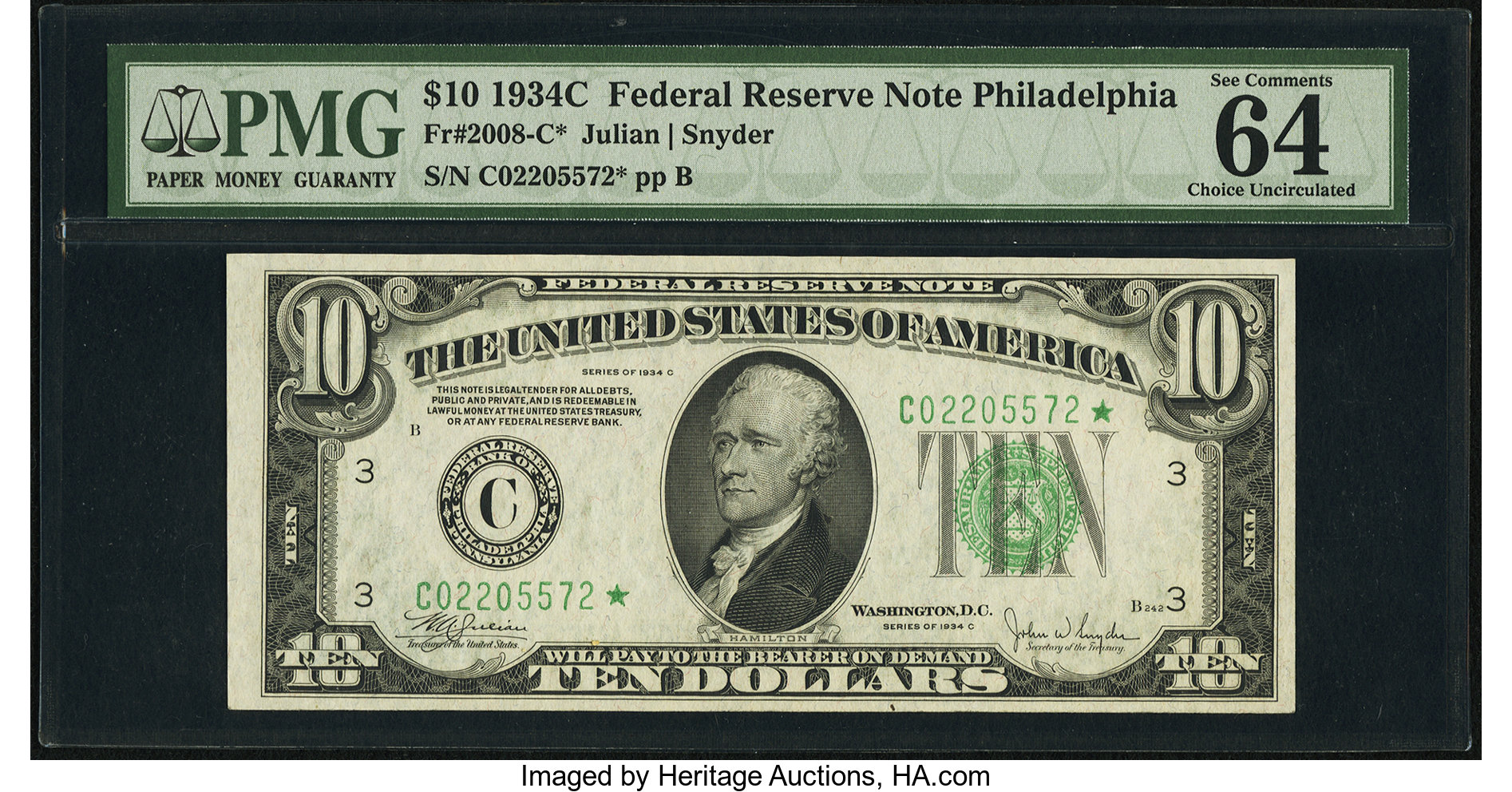 image for: Fr. 2008-C* $10 1934C Federal Reserve Star Note. PMG Choice Uncirculated 64 EPQ....
