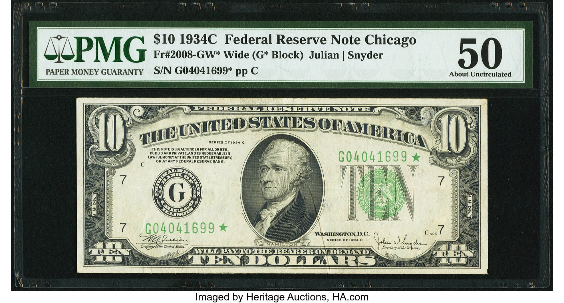 image for: Fr. 2008-G* $10 1934C Wide Federal Reserve Star Note. PMG About Uncirculated 50....