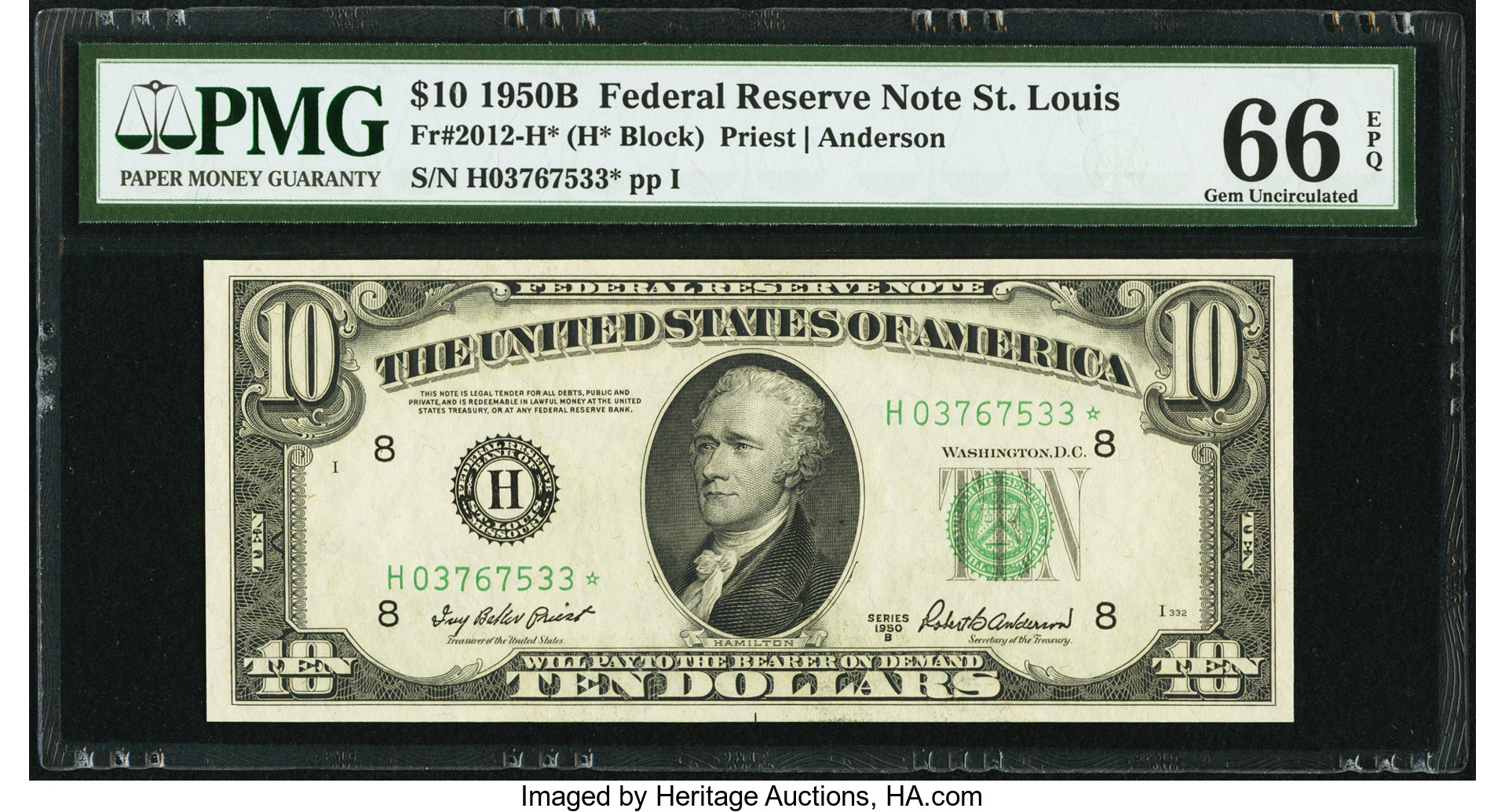 image for: Fr. 2012-H* $10 1950B Federal Reserve Star Note. PMG Gem Uncirculated 66 EPQ....