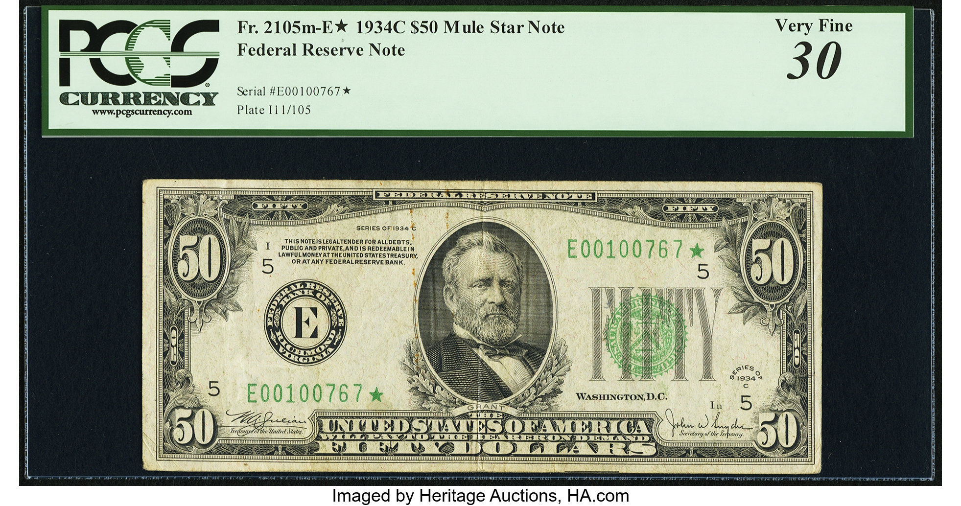 image for: Fr. 2105-E* $50 1934C Federal Reserve Star Note. PCGS Very Fine 30....