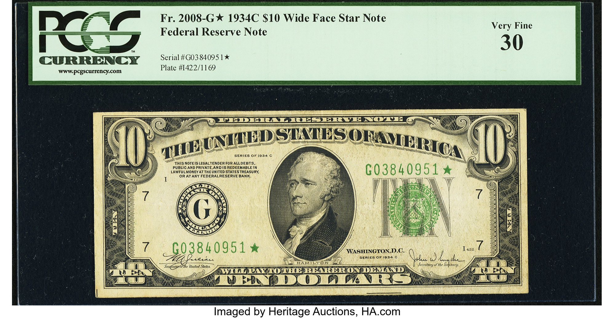 image for: Fr. 2008-G* $10 1934C Wide Federal Reserve Star Note. PCGS Very Fine 30....