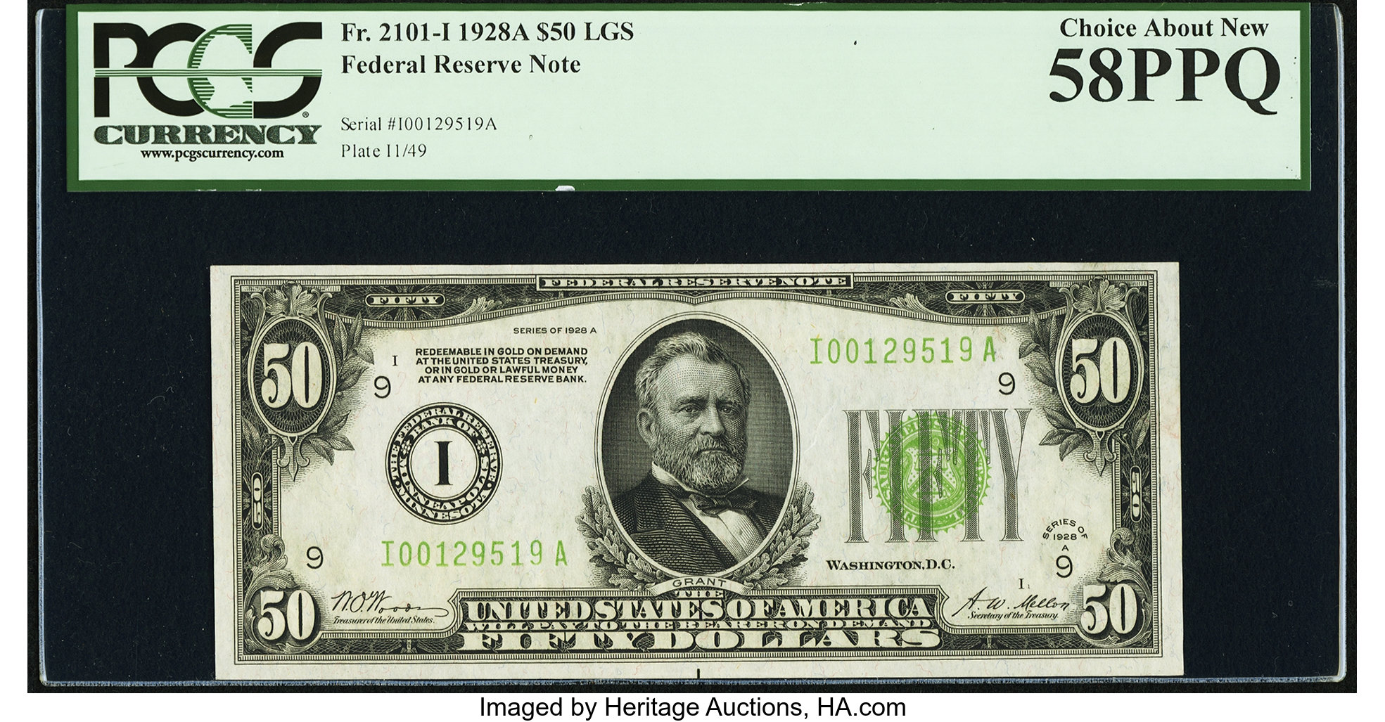 image for: Fr. 2101-I $50 1928A Light Green Seal Federal Reserve Note. PCGS Choice About New 58PPQ....