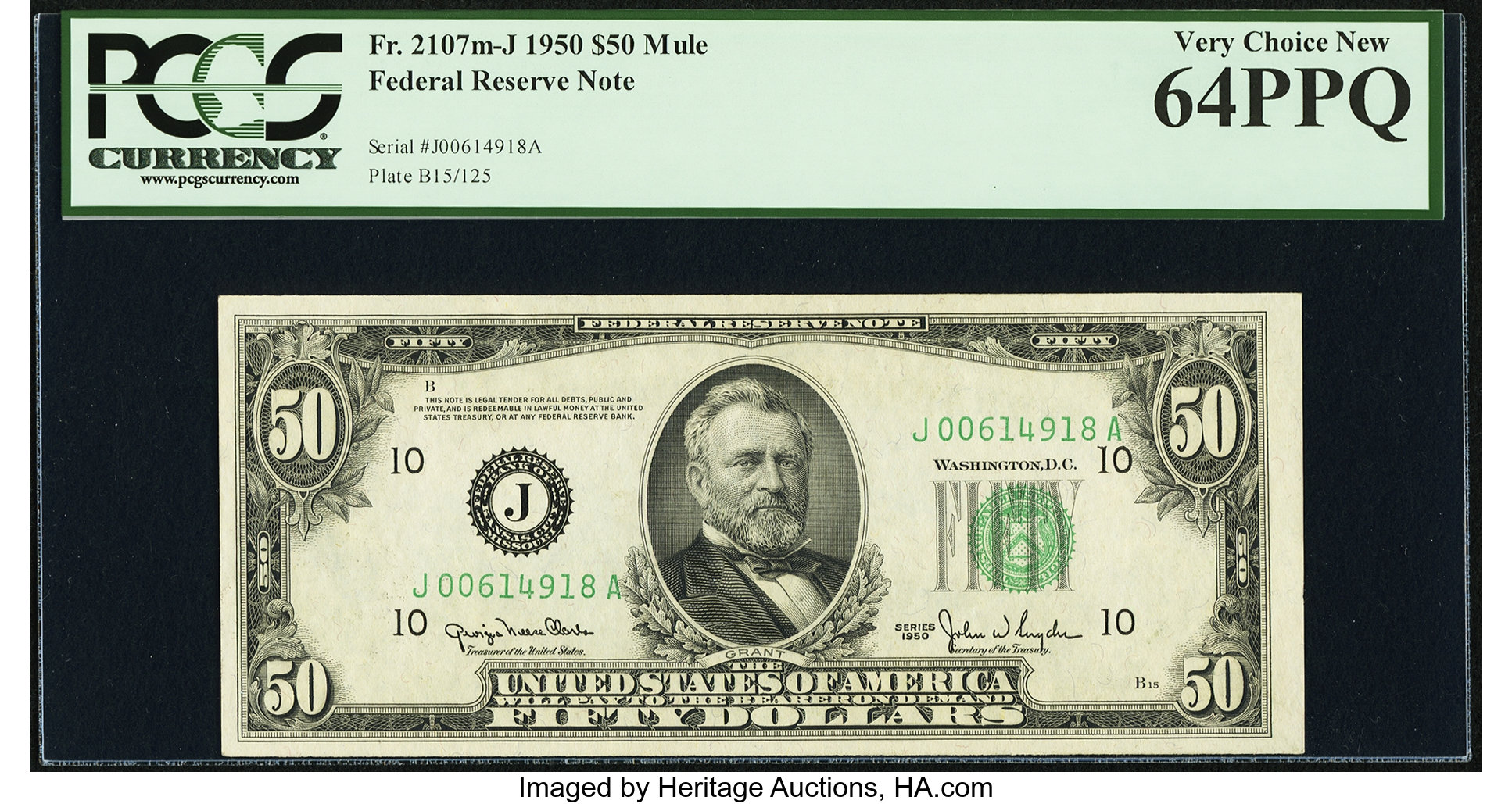 image for: Fr. 2107-J $50 1950 Mule Federal Reserve Note. PCGS Very Choice New 64PPQ....