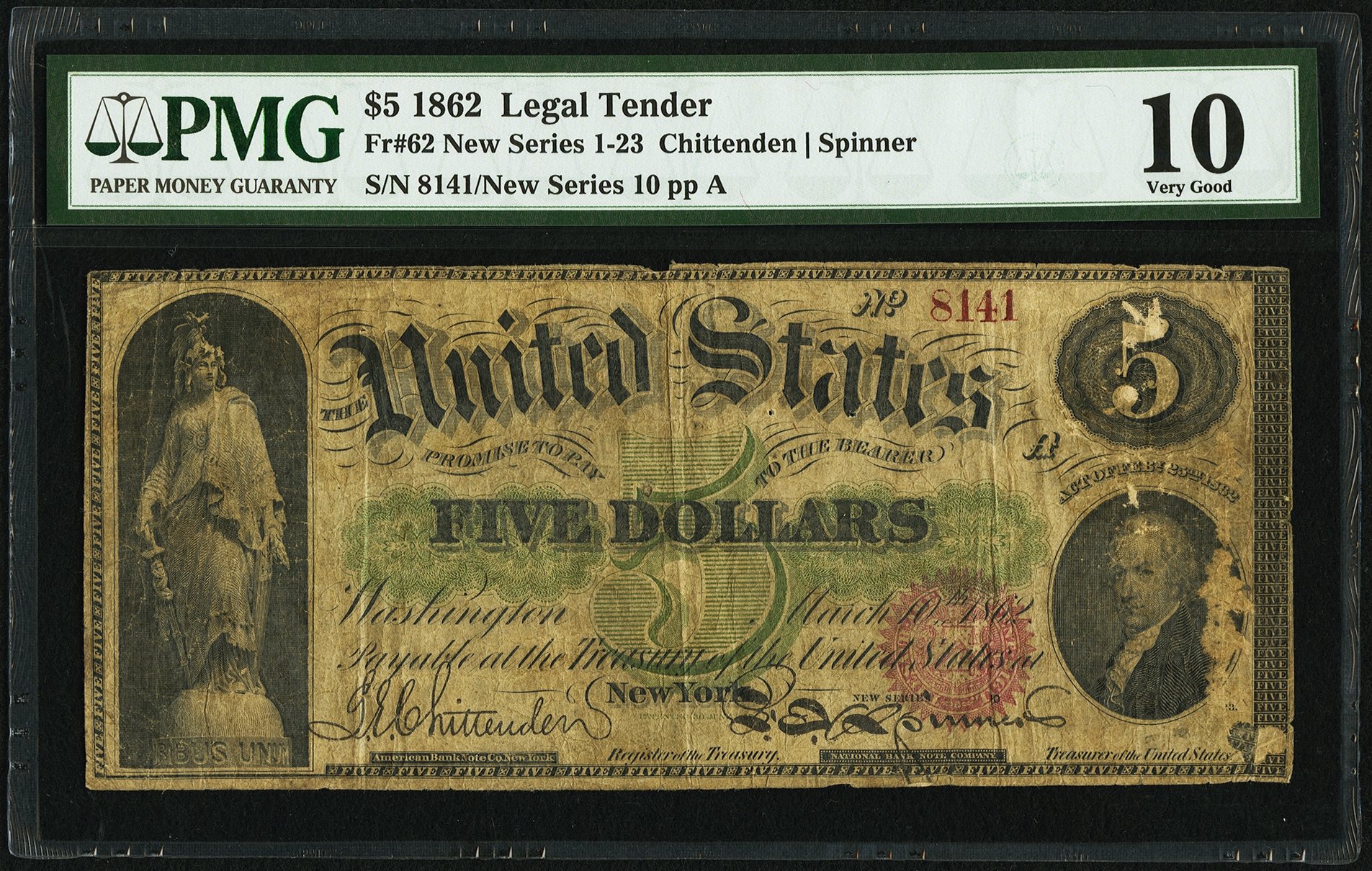 image for: Fr. 62 $5 1862 Legal Tender PMG Very Good 10....