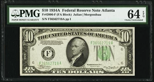 image for: Fr. 2006-F $10 1934A Federal Reserve Note. PMG Choice Uncirculated 64 EPQ....