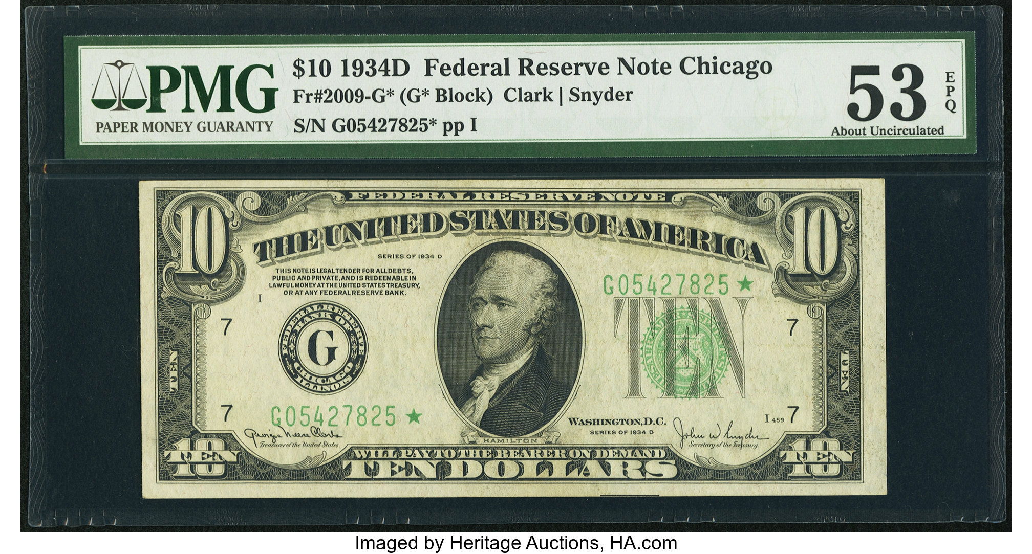 image for: Fr. 2009-G* $10 1934D Federal Reserve Note. PMG About Uncirculated 53 EPQ....