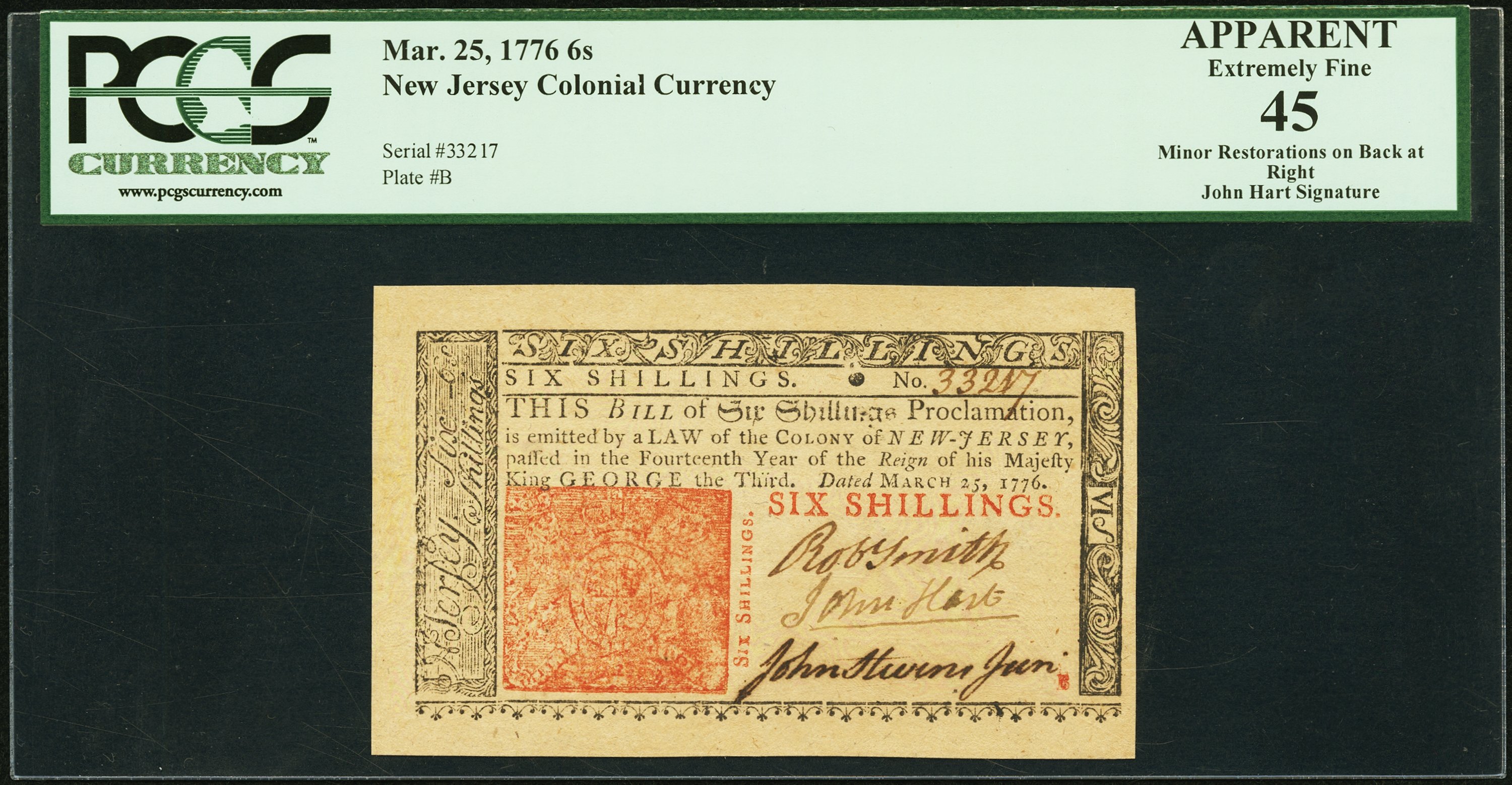 image for: New Jersey March 25, 1776 6s John Hart Signature PCGS Apparent Extremely Fine 45....