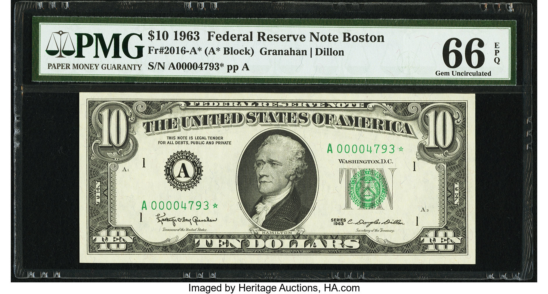 image for: Low Serial Number 4793 Fr. 2016-A* $10 1963 Federal Reserve Star Note. PMG Gem Uncirculated 66 EPQ....