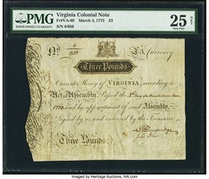 image for: Virginia March 4, 1773 £3 PMG Very Fine 25 Net....