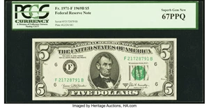 image for: Fr. 1971-F $5 1969B Federal Reserve Note. PCGS Superb Gem New 67PPQ....