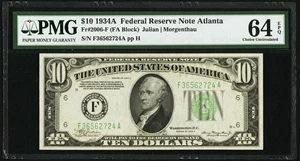 image for: Fr. 2006-F $10 1934A Federal Reserve Note. PMG Choice Uncirculated 64 EPQ....