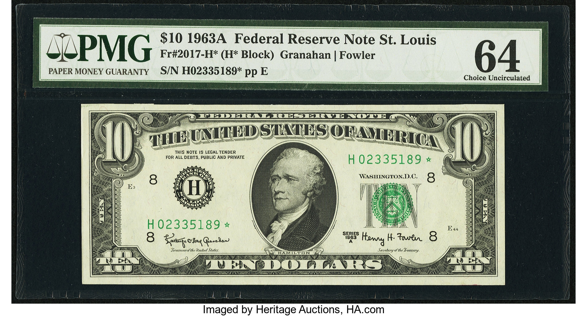 image for: Fr. 2017-H* $10 1963A Federal Reserve Star Note. PMG Choice Uncirculated 64....