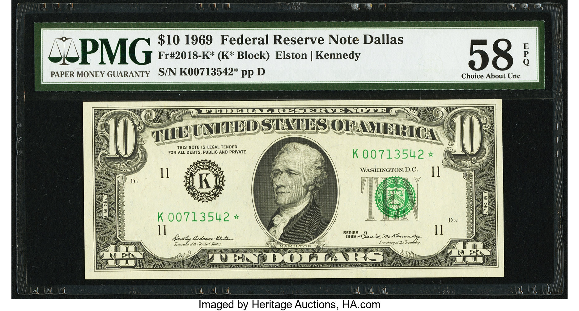 image for: Fr. 2018-K* $10 1969 Federal Reserve Star Note. PMG Choice About Unc 58 EPQ....