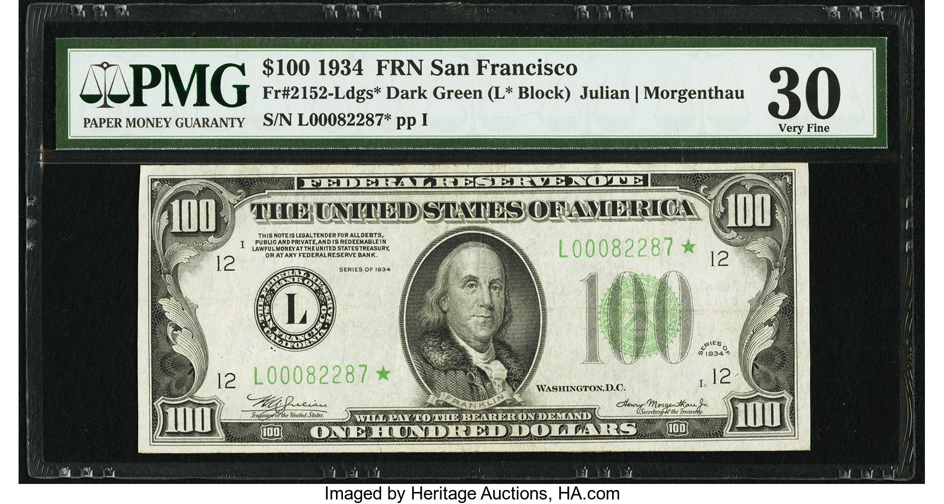 image for: Fr. 2152-L* $100 1934 Dark Green Seal Federal Reserve Star Note. PMG Very Fine 30....