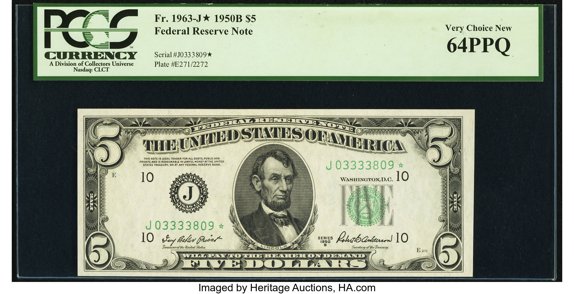 image for: Fr. 1963-J* $5 1950B Federal Reserve Star Note. PCGS Very Choice New 64PPQ....