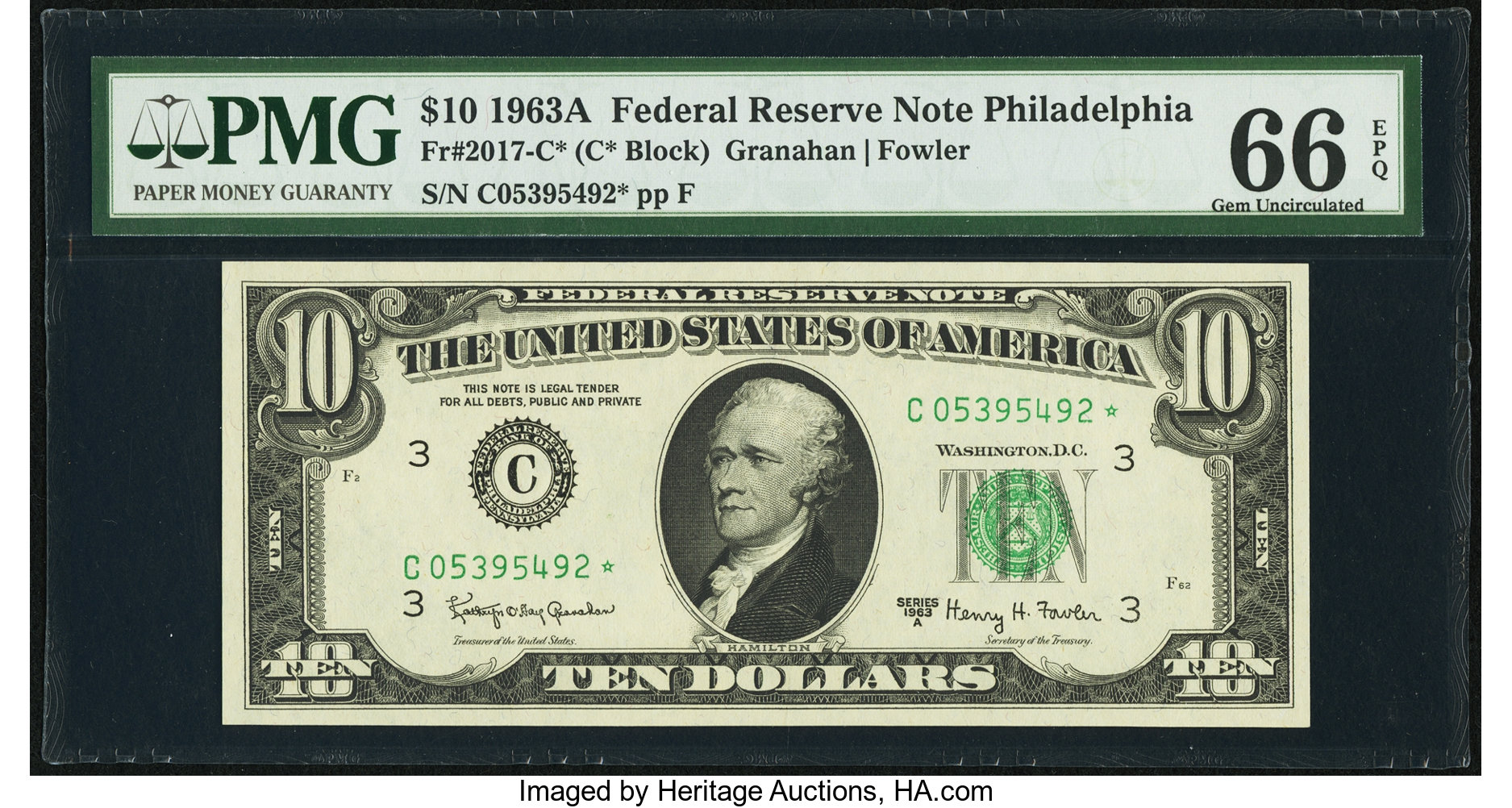 image for: Fr. 2017-C* $10 1963A Federal Reserve Star Note. PMG Gem Uncirculated 66 EPQ....
