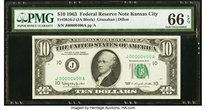 image for: Low Serial Number 400 Fr. 2016-J $10 1963 Federal Reserve Note. PMG Gem Uncirculated 66 EPQ....