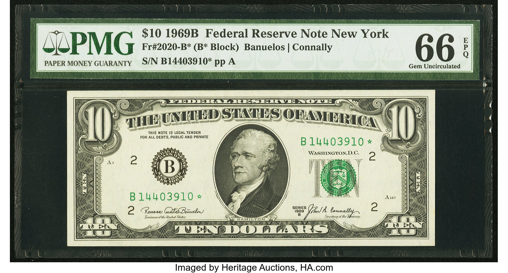 image for: Fr. 2020-B* $10 1969B Federal Reserve Star Note. PMG Gem Uncirculated 66 EPQ....