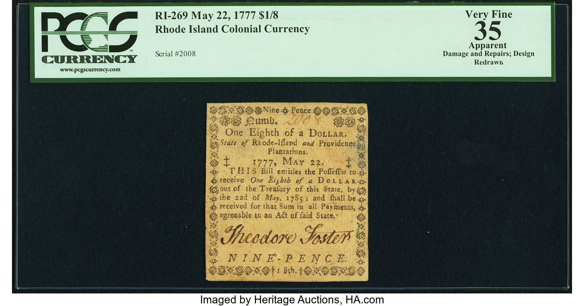 image for: Rhode Island May 22, 1777 $1/8 PCGS Apparent Very Fine 35....