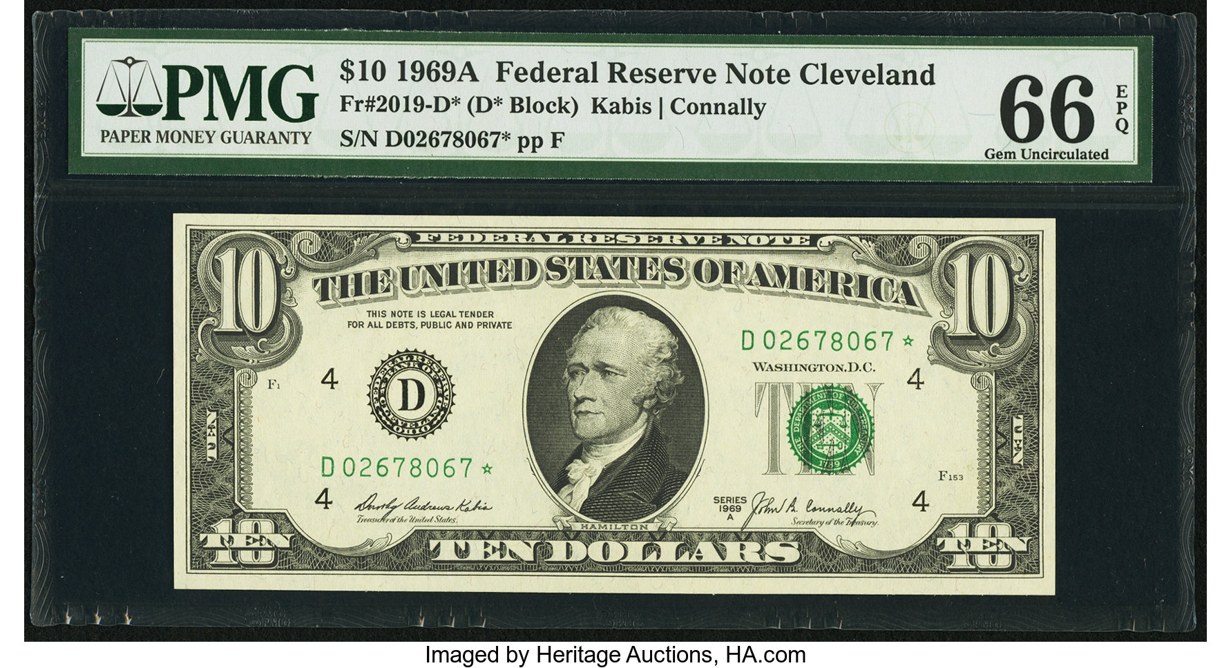 image for: Fr. 2019-D* $10 1969A Federal Reserve Note. PMG Gem Uncirculated 66 EPQ....