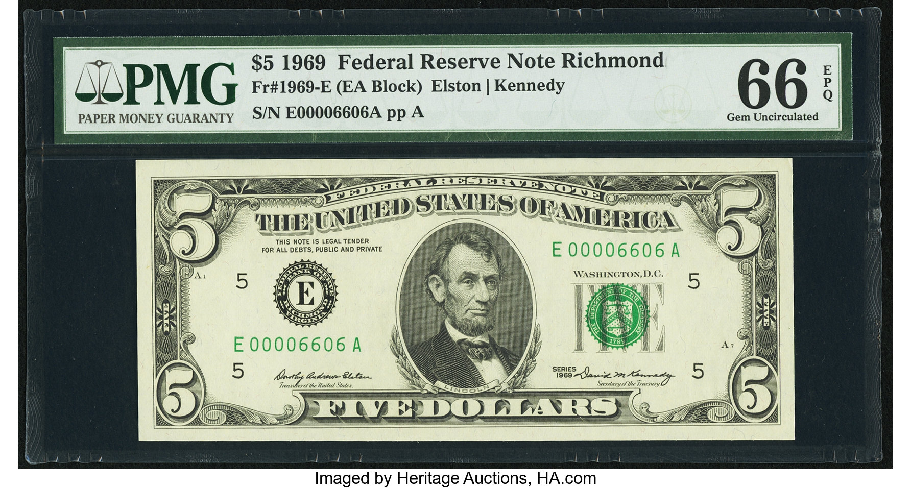 image for: Low Serial Number 6606 Fr. 1969-E $5 1969 Federal Reserve Note. PMG Gem Uncirculated 66 EPQ....
