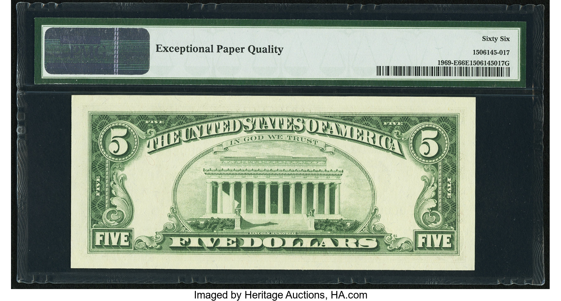 image for: Low Serial Number 6606 Fr. 1969-E $5 1969 Federal Reserve Note. PMG Gem Uncirculated 66 EPQ....