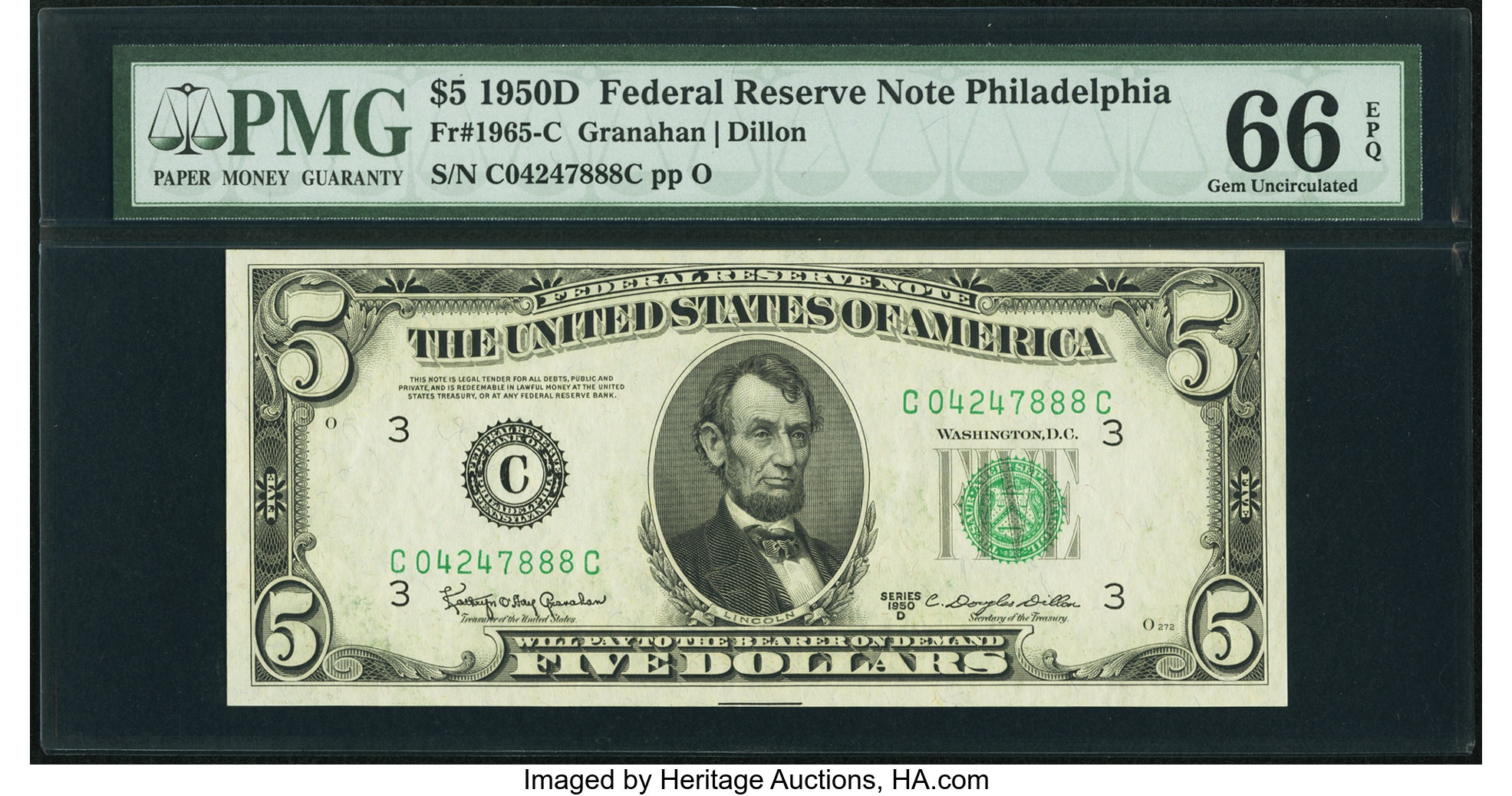 image for: Fr. 1965-C $5 1950D Federal Reserve Note. PMG Gem Uncirculated 66 EPQ....