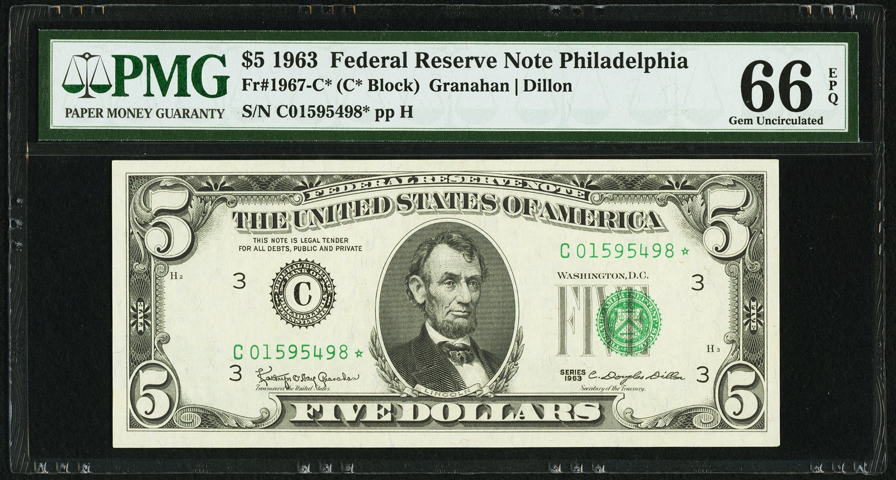 image for: Fr. 1967-C* $5 1963 Federal Reserve Note. PMG Gem Uncirculated 66 EPQ....