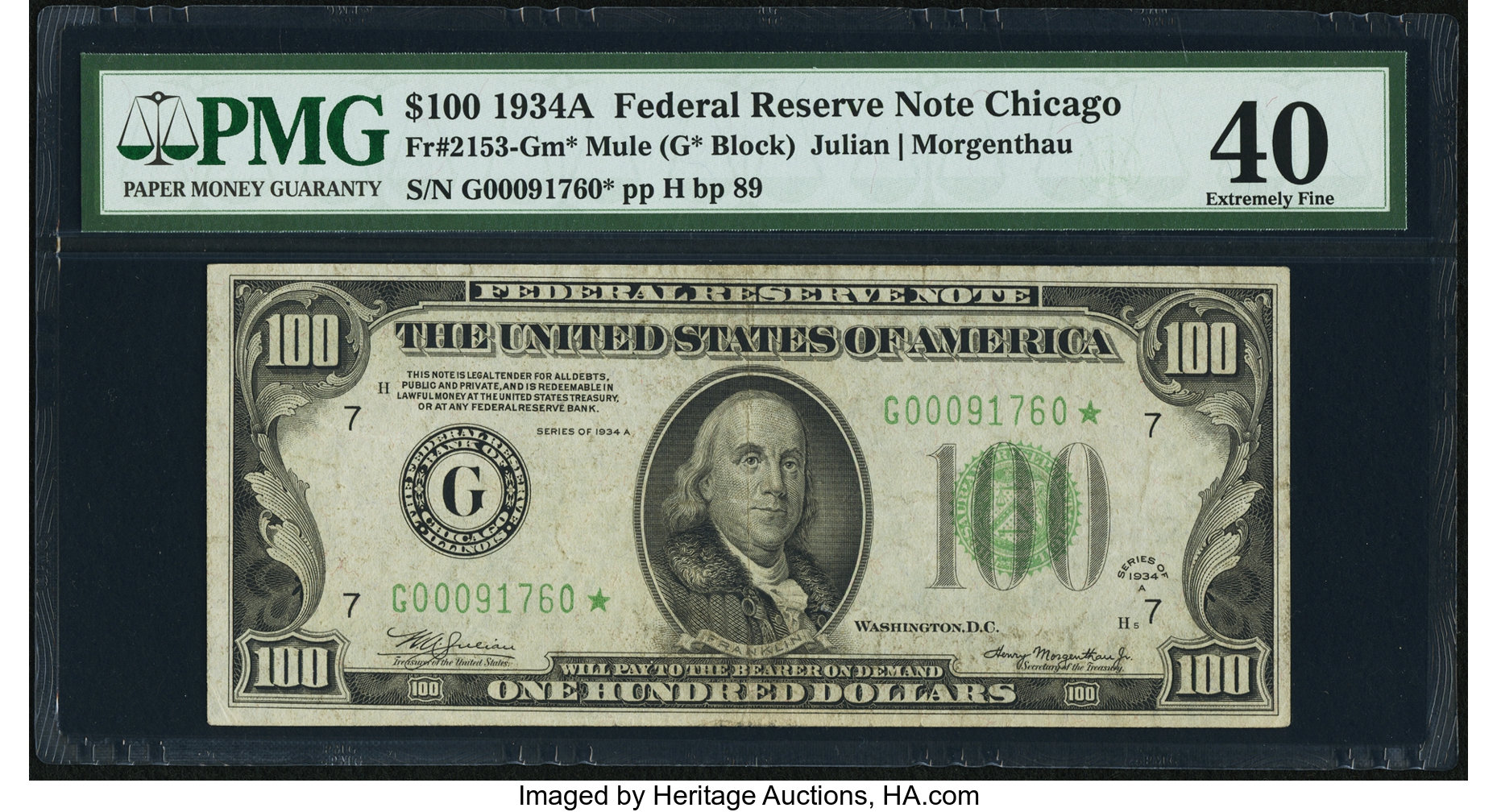 image for: Fr. 2153-G* $100 1934A Mule Federal Reserve Note. PMG Extremely Fine 40....
