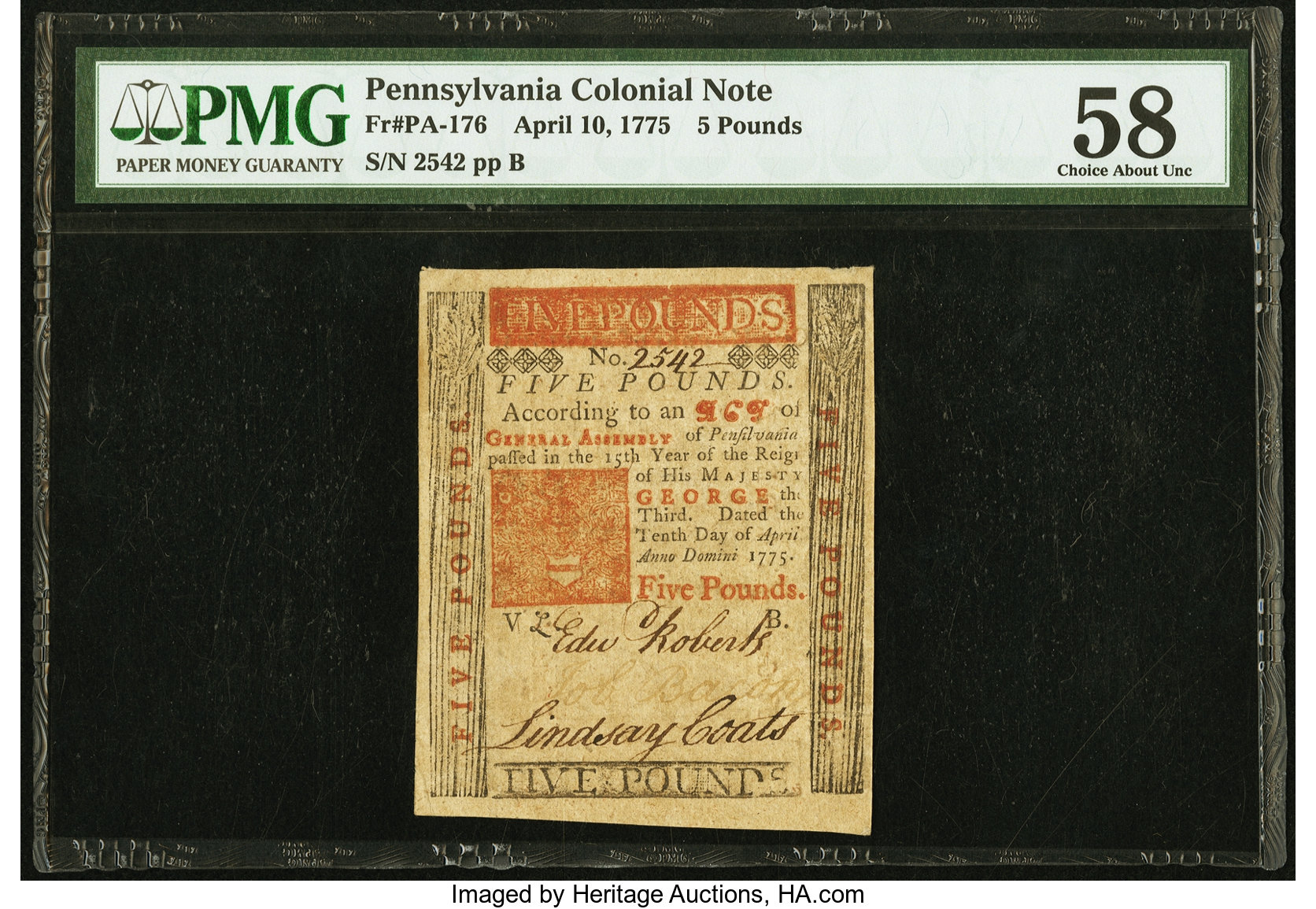 image for: Jumbo Margins Pennsylvania April 10, 1775 £5 PMG Choice About Unc 58....