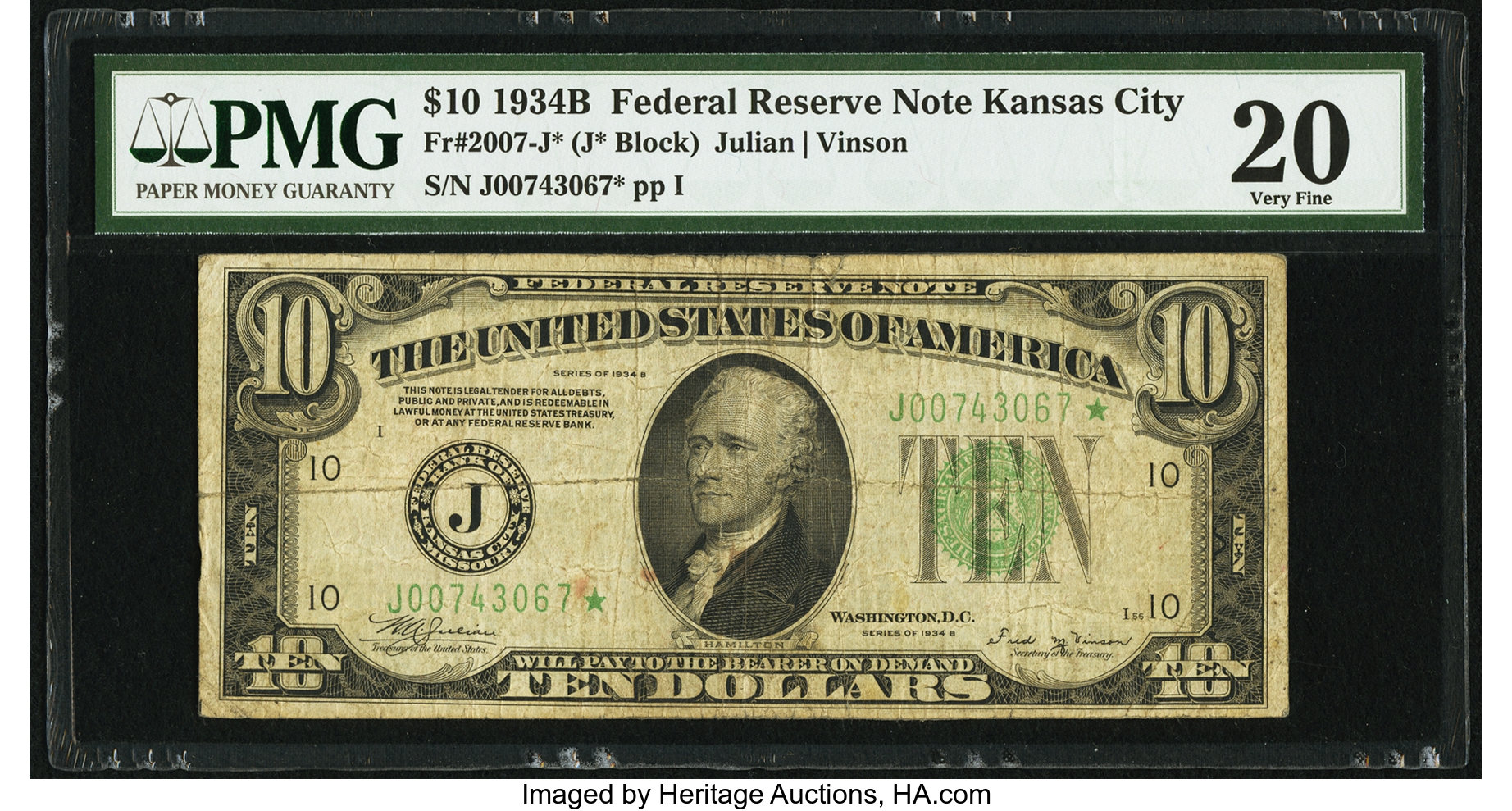 image for: Fr. 2007-J* $10 1934B Federal Reserve Note. PMG Very Fine 20....