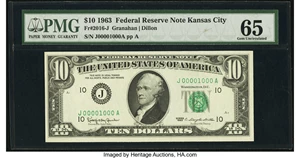 image for: Fancy Low Serial Number 1000 Fr. 2016-J $10 1963 Federal Reserve Note. PMG Gem Uncirculated 65....