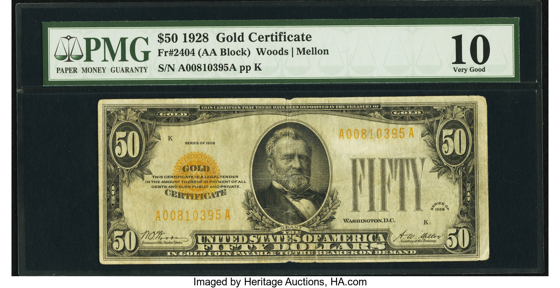 Fr. 2404 $50 1928 Gold Certificate. PMG Very Good 10. ...