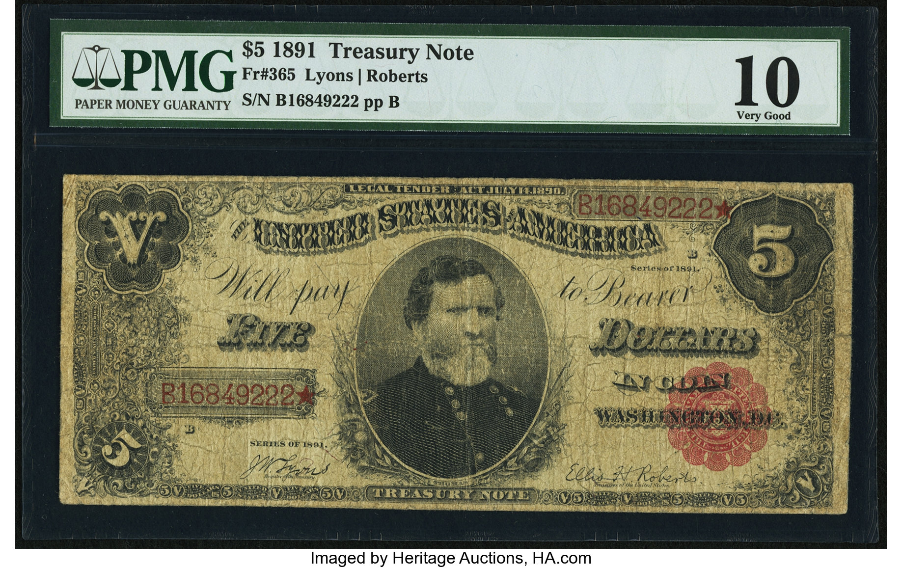 image for: Fr. 365 $5 1891 Treasury Note PMG Very Good 10....